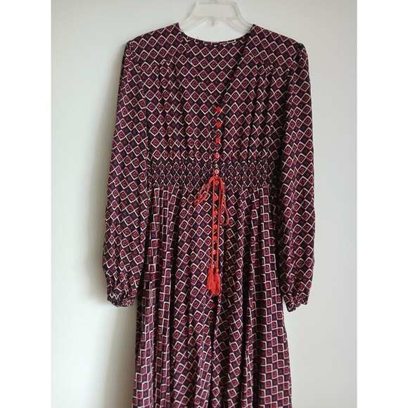 Maxi Dress Small Red Black Floral Boho Button Down Smocked Tassled Waist..cl - Picture 1 of 13